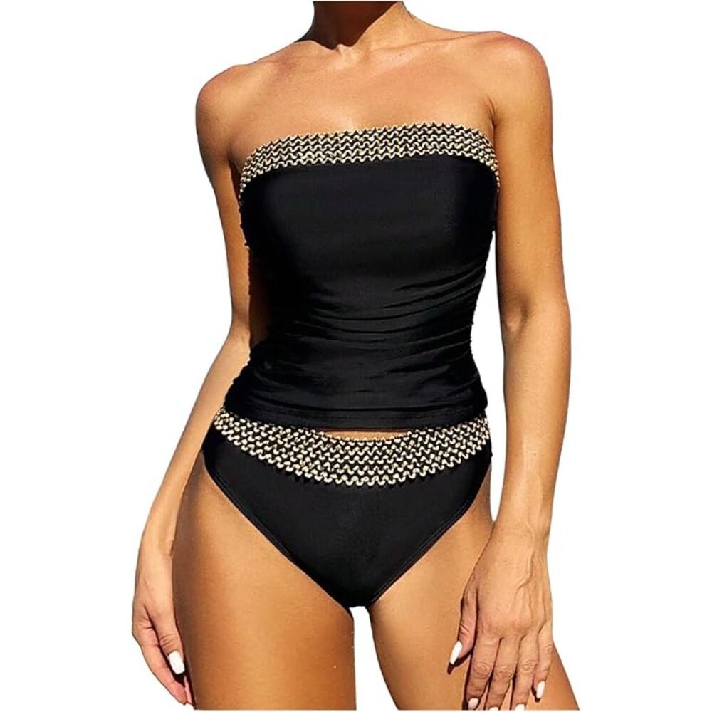 WDIRARA Black Boho Strapless Bandeau Tankini 2 Piece Swimsuit